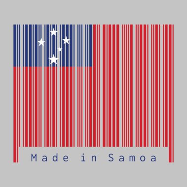 Barkod, Samoa bayrağının rengini mavi dikdörtgen ve beyaz yıldızlı kırmızı bir alan belirledi. Metin: Samoa 'da üretildi, satış veya iş konsepti.