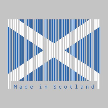 Barkod İskoçya bayrağının rengini belirledi, köşelerine kadar uzanan beyaz çapraz haçlı mavi bir alan. Metin: İskoçya 'da üretildi, satış veya iş konsepti.