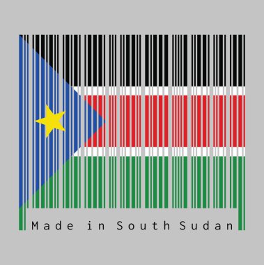 Barkod, mavi eşkenar üçgen ve altın yıldızlı siyah kırmızı ve yeşil ile Güney Sudan bayrağının rengini belirledi. Metin: Güney Sudan 'da üretildi.