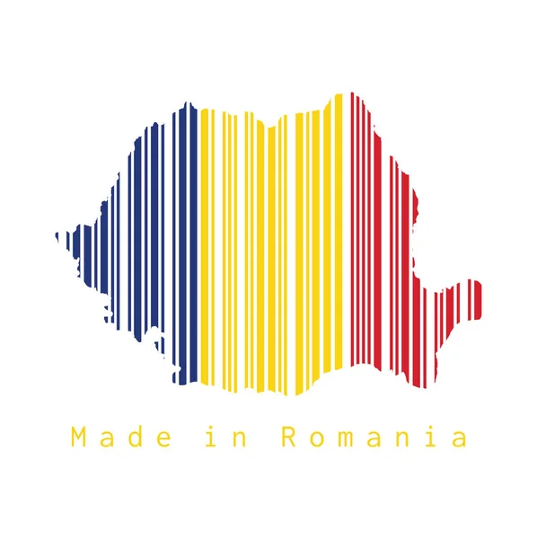 条形码将罗马尼亚地图的轮廓和罗马尼亚国旗的颜色设置在灰色背景上 罗马尼亚制造 销售或商业概念 — 图库矢量图片