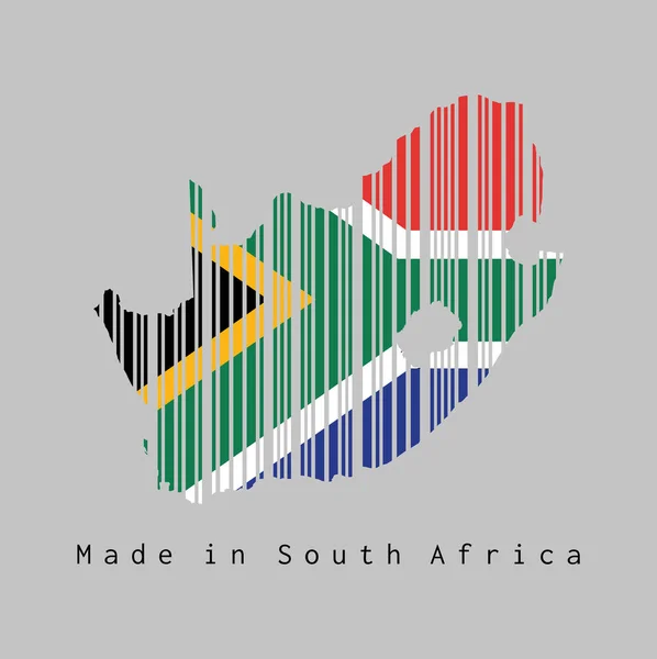 バーコードは 南アフリカの地図のアウトラインと灰色の背景に南アフリカの国旗の色 テキスト サウジアラビア製に形状を設定します 販売又は事業の概念 — ストックベクタ