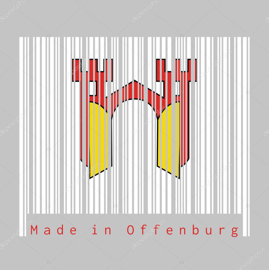 Barcode set the color of Offenburg flag, it is in Baden-Wurttemberg, Germany. with text Made in Offenburg. concept of sale or business.