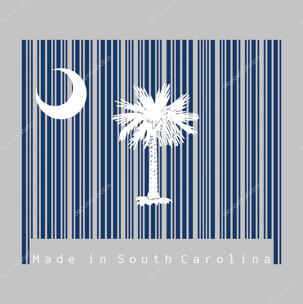 Barcode set the color of South Carolina flag, White palmetto tree on an indigo field and white crescent. text: Made in South Carolina. concept of sale or business.