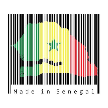 Barkod şekli Senegal haritasının ana hatları ve Senegal bayrağının beyaz arkaplanlı siyah barkod üzerindeki rengine ayarladı: Senegal yapımı. satış ya da iş konsepti.