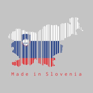 Barkod şekli Slovenya haritasının ana hatları ve Slovenya bayrağının rengini gri arka planda belirledi: Metin: Slovenya 'da yapıldı. satış ya da iş konsepti.