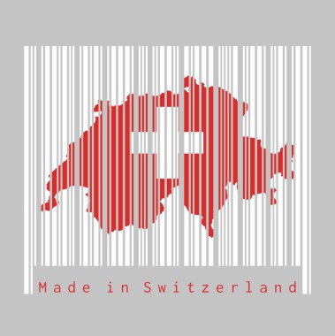 Barkod, İsviçre haritasının ana hatlarını ve İsviçre bayrağının rengini gri arkaplanlı beyaz barkodla belirledi: İsviçre yapımı. satış ya da iş konsepti.