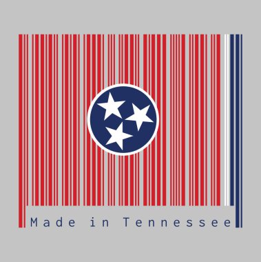 Barkod, Tennessee bayrağının rengini kırmızı dikdörtgen bir alanda beyaz ve mavi şeritli üç beyaz beş köşeli yıldızlı mavi bir daire çizdi. Metin: Tennessee 'de üretildi.