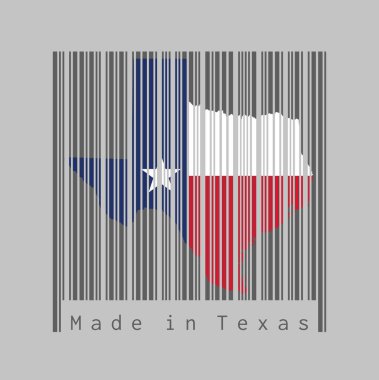 Barkod Teksas haritasının ana hatlarını ve Teksas bayrağının rengini gri arkaplanlı koyu gri barkod ile belirledi: Texas yapımı. Amerika devletleri.