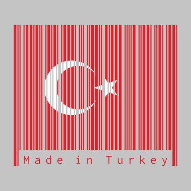 Barkod, Türkiye bayrağının rengini, beyaz yıldızlı kırmızı bir alan ve merkezin biraz solunda hilal şeklinde bir alan belirledi. Metin: Türkiye 'de üretildi, satış veya iş konsepti.