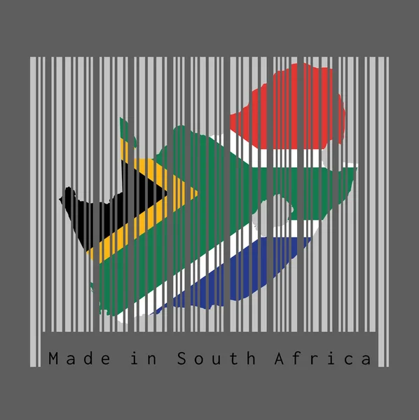 バーコードは 南アフリカの地図の輪郭と暗い灰色の背景を持つ灰色のバーコード上の南アフリカの旗の色に形状を設定し テキスト 南アフリカ製 販売又は事業の概念 — ストックベクタ