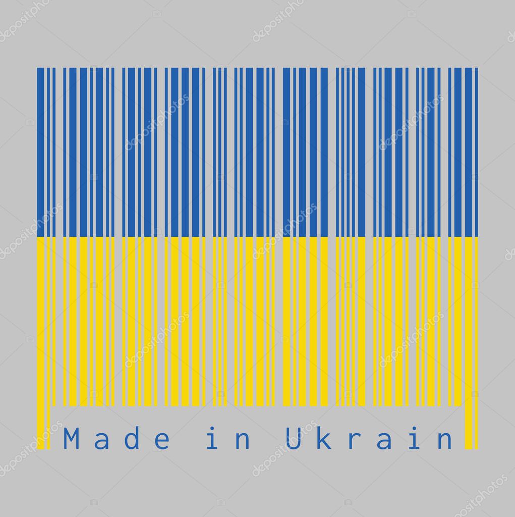 Barcode set the color of Ukraine flag, it is a banner of two equally sized horizontal bands of blue and yellow. text: Made in Ukraine. concept of sale or business.