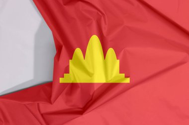 Kumaş Demokratik Kamboçya bayraklı krep ve beyaz alanlı kırışıklık 1975 ve 1979 yılları arasında Kamboçya 'ya atıfta bulunmuştur..