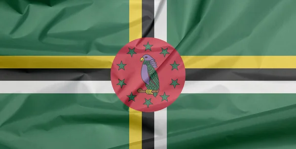 Stofvlag Van Dominica Vouw Van Dominicaanse Vlag Achtergrond Een Groen — Stockfoto