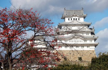 Himeji, Hyogo, Kansai, Japonya 19 Kasım 2017: Beyaz Himeji Şatosu güneş ışığında ve ön plandaki kırmızı yapraklar mavi gökyüzü arka planında. Himeji Kalesi Beyaz Balıkçıl Kalesi olarak da bilinir..