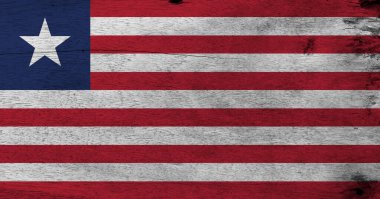 Tahta arka planda Liberya bayrağı. Grunge Liberya bayrak dokusu, 11 yatay kırmızı ve beyaz şerit mavi bir alanda beyaz yıldız.