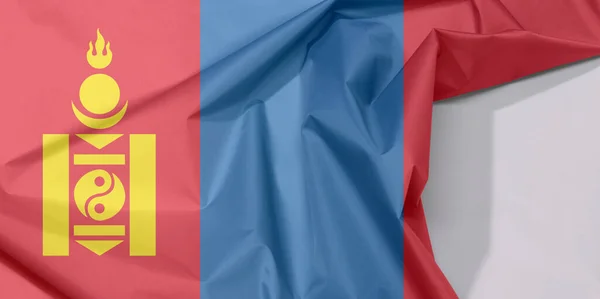 Монголия Ткань Флага Блины Складки Белым Пространством Красный Синий Символом — стоковое фото