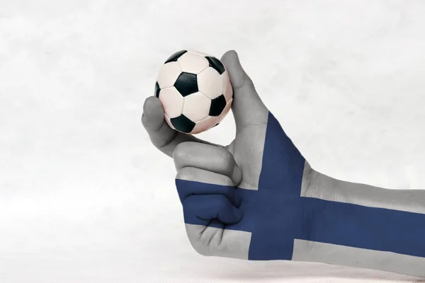 Mini Ball Football Finland Flag Painted Hand Hold Two Finger — Stock Photo, Image