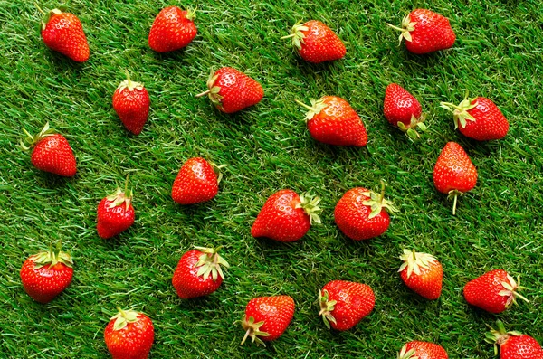 Yeşil Çimlerde Kırmızı Taze Çilekler Yakın Görüş — Stok fotoğraf