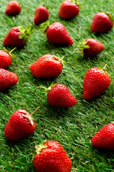 Fraises Fraîches Rouges Sur Herbe Verte Vue Près — Photo