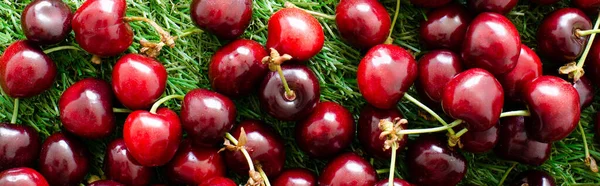 Cerezas Rojas Frescas Sobre Hierba Verde Vista Cercana — Foto de Stock