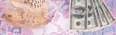 Avro banknotları beyaz arka planda izole edilmiş, kapalı manzaralı yüz dolar ve iki yüz hryvnia koleksiyonu