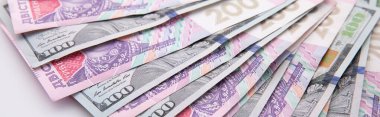 Beyaz arka planda izole edilmiş yüz dolar ve iki yüz hryvnia banknot koleksiyonu, yakın görüş