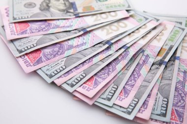 Beyaz arka planda izole edilmiş yüz dolar ve iki yüz hryvnia banknot koleksiyonu, yakın görüş