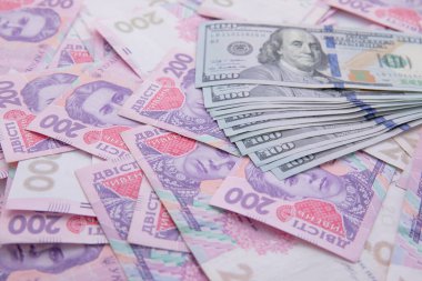 Beyaz arka planda izole edilmiş yüz dolar ve iki yüz hryvnia banknot koleksiyonu, yakın görüş