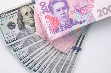 Beyaz arka planda izole edilmiş yüz dolar ve iki yüz hryvnia banknot koleksiyonu, yakın görüş