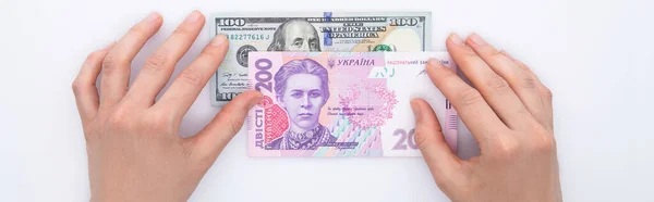Female Hands Holding Hryvnia Dollar Banknotes Isolated White Background Close — Stock Photo, Image