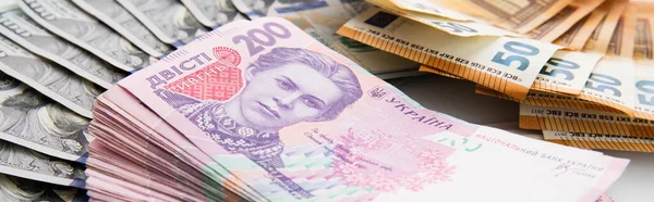 Avro banknotları beyaz arka planda izole edilmiş, kapalı manzaralı yüz dolar ve iki yüz hryvnia koleksiyonu