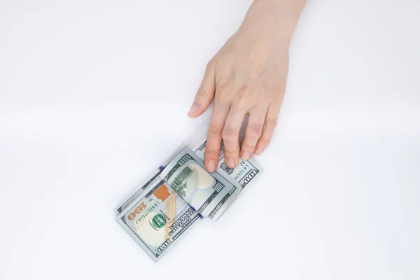 Sammlung Von Hundert Dollar Banknoten Weiblicher Hand Isoliert Auf Weißem — Stockfoto