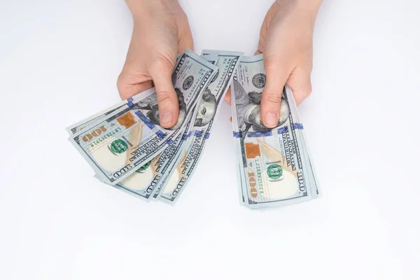 Frauenhände Zählen Dollarnoten Isoliert Auf Weißem Hintergrund Nahsicht — Stockfoto