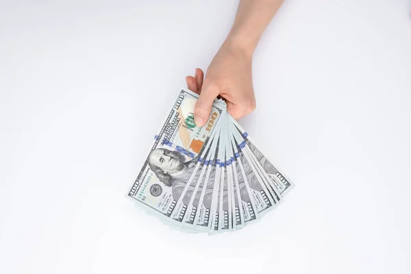 Sammlung Von Hundert Dollar Banknoten Weiblicher Hand Isoliert Auf Weißem — Stockfoto