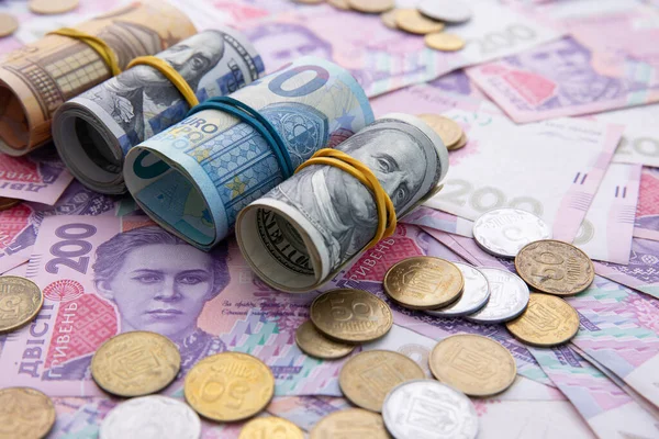 Avro banknotları ve bozuk paralarla dolar ve hryvnia koleksiyonu, yakın görüş