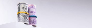 Beyaz arka planda izole edilmiş dolar ve hryvnias ruloları, yakın görüş