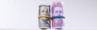 Beyaz arka planda izole edilmiş dolar ve hryvnias ruloları, yakın görüş