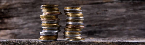 Collection Colorful Metal Coins Wooden Background Close View — Stock Photo, Image