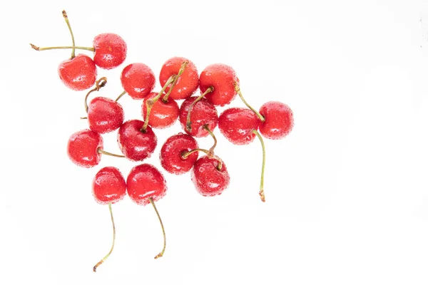 Rode Rauwe Verse Kersen Witte Achtergrond Van Dichtbij Bekeken — Stockfoto