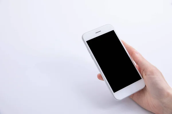 Mano Femminile Che Tiene Nuovo Smartphone Moderno Isolato Sfondo Bianco — Foto Stock