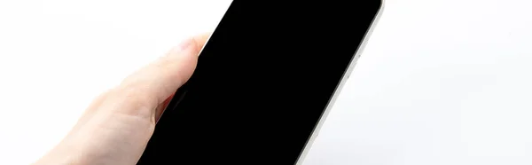 Kobieta Ręka Trzyma Nowy Nowoczesny Smartfon Odizolowany Białym Tle Widok — Zdjęcie stockowe