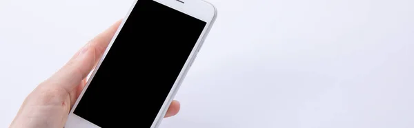 Mano Femminile Che Tiene Nuovo Smartphone Moderno Isolato Sfondo Bianco — Foto Stock