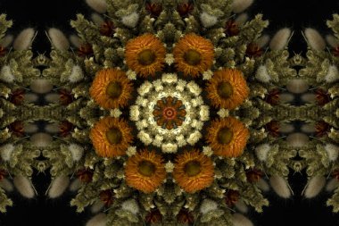 Çiçek ve yaprakların çiçek motifleri ile soyut renksiz desen  