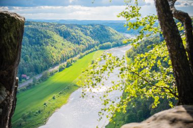 Rock Köprüsü Bastei ve doğa manzarası - Rathen, Sakson İsviçre, Almanya