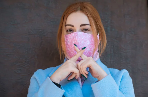 Detengan Virus Mujer Textil Máscara Algodón Casero — Foto de Stock
