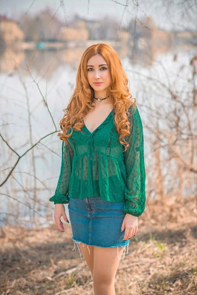 Redhead Romantic Girl Green Blouse Boho Style Concept Hair Wig — Stock Photo, Image