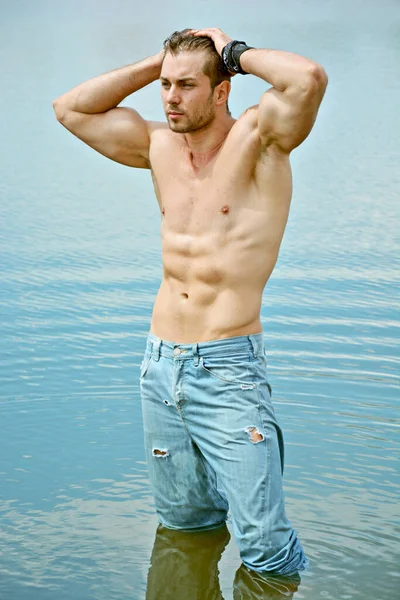 Schöner Mann Wasser Sexy Kerl Mit Muskulösem Körper Konzept Des — Stockfoto