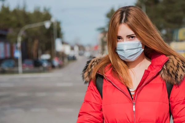 Stop virus ! Woman in Textile protective mask. Social distance