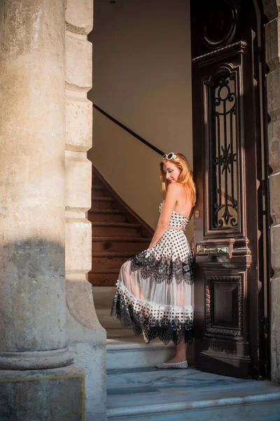 Adventure Concept Redhead Woman Rest Greece Vacation Holidays Time — Stock Photo, Image