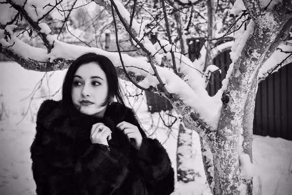 Ayrıca Retro Görünümlü Hoş Bir Bayan Kışın Yürüyüş Tarzında Doğal — Stok fotoğraf